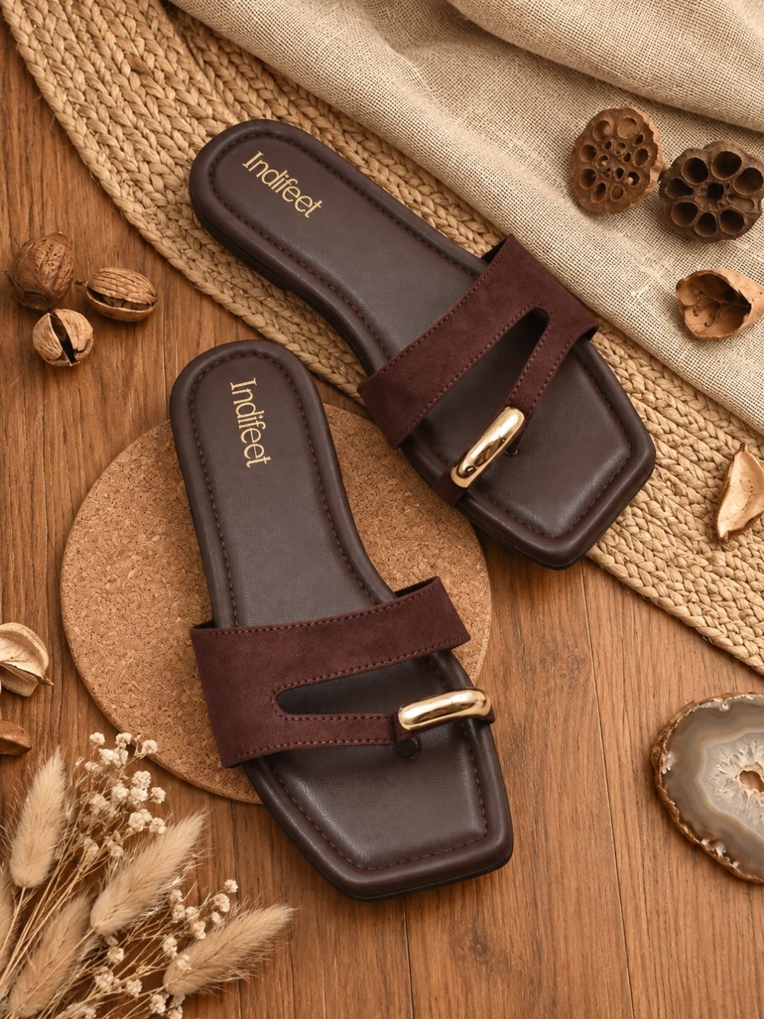 Brown Toe Ring Flat Suede Sandals