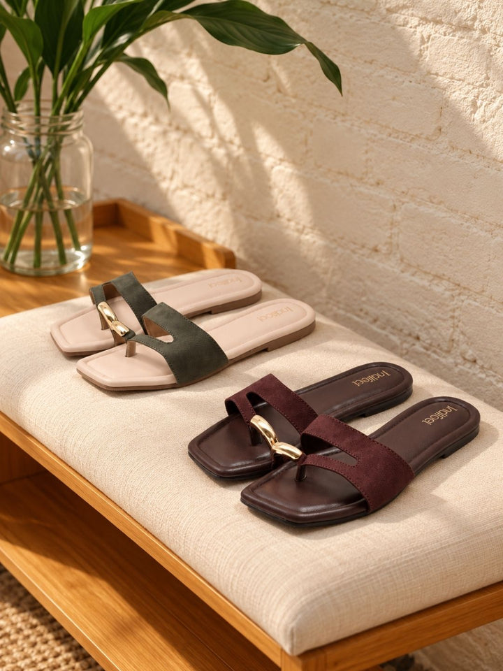Dark Green Toe Ring Flat Suede Sandals