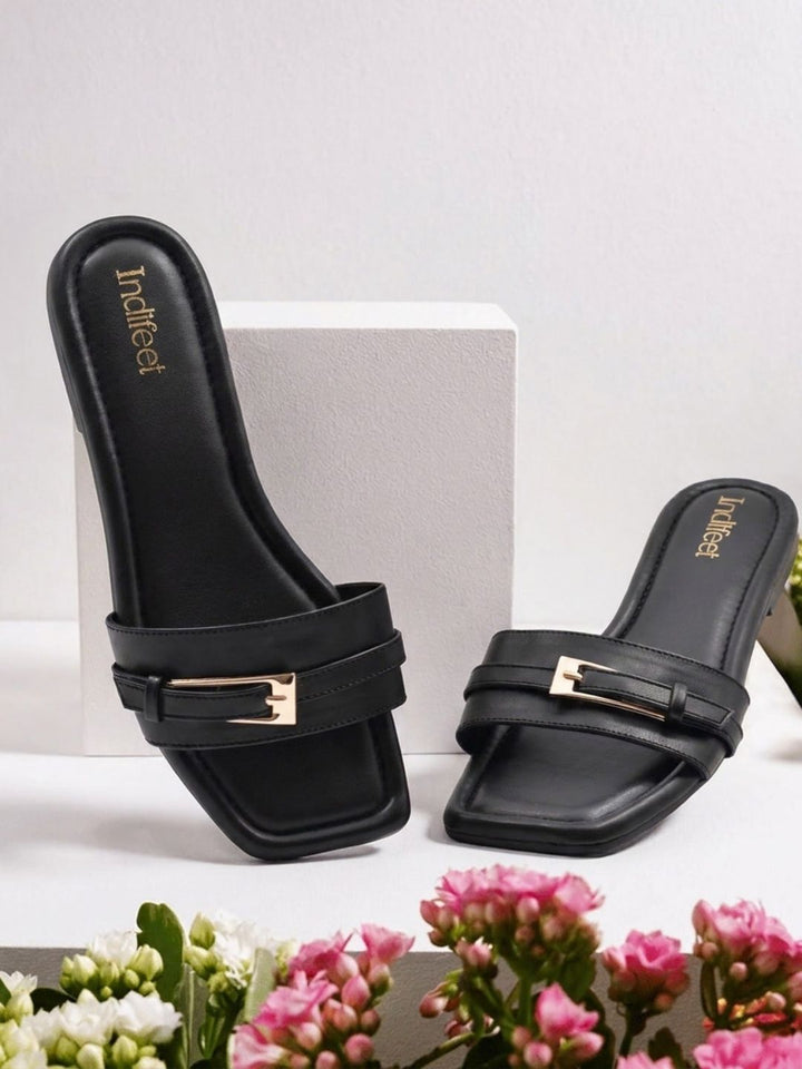 Black Single Strap Buckle Flat