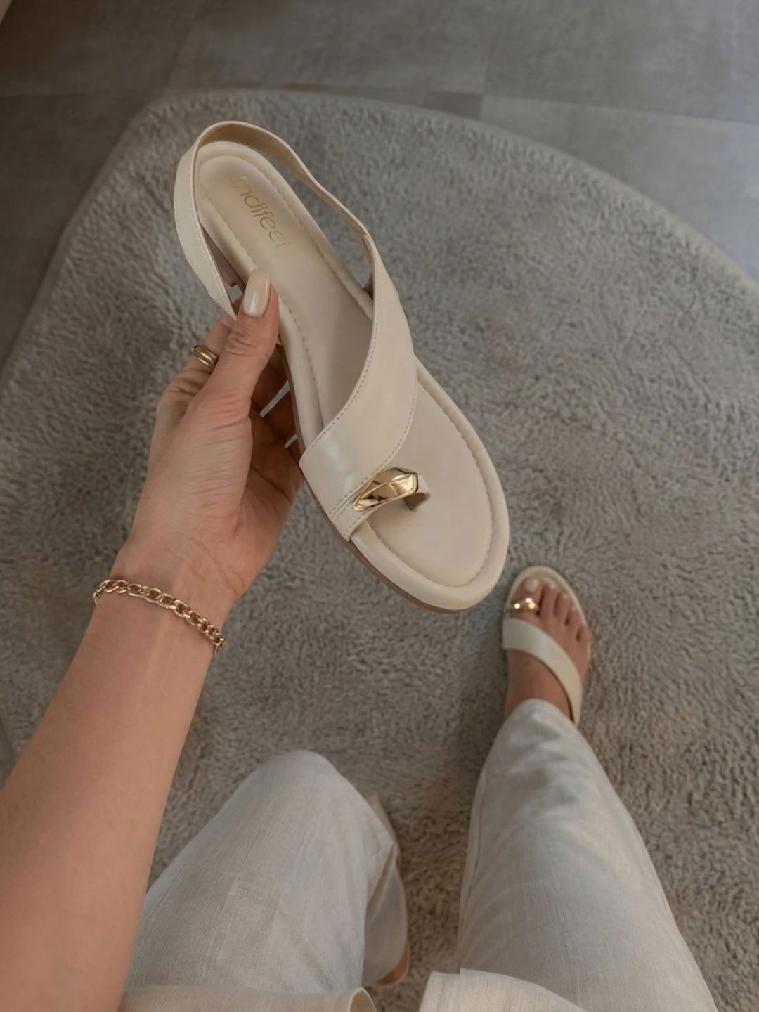 Cream Toe Ring Slingback Flats