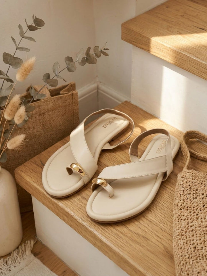 Cream Toe Ring Slingback Flats