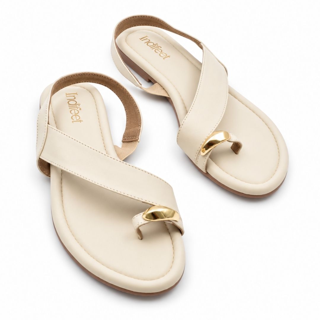 Cream Toe Ring Slingback Flats