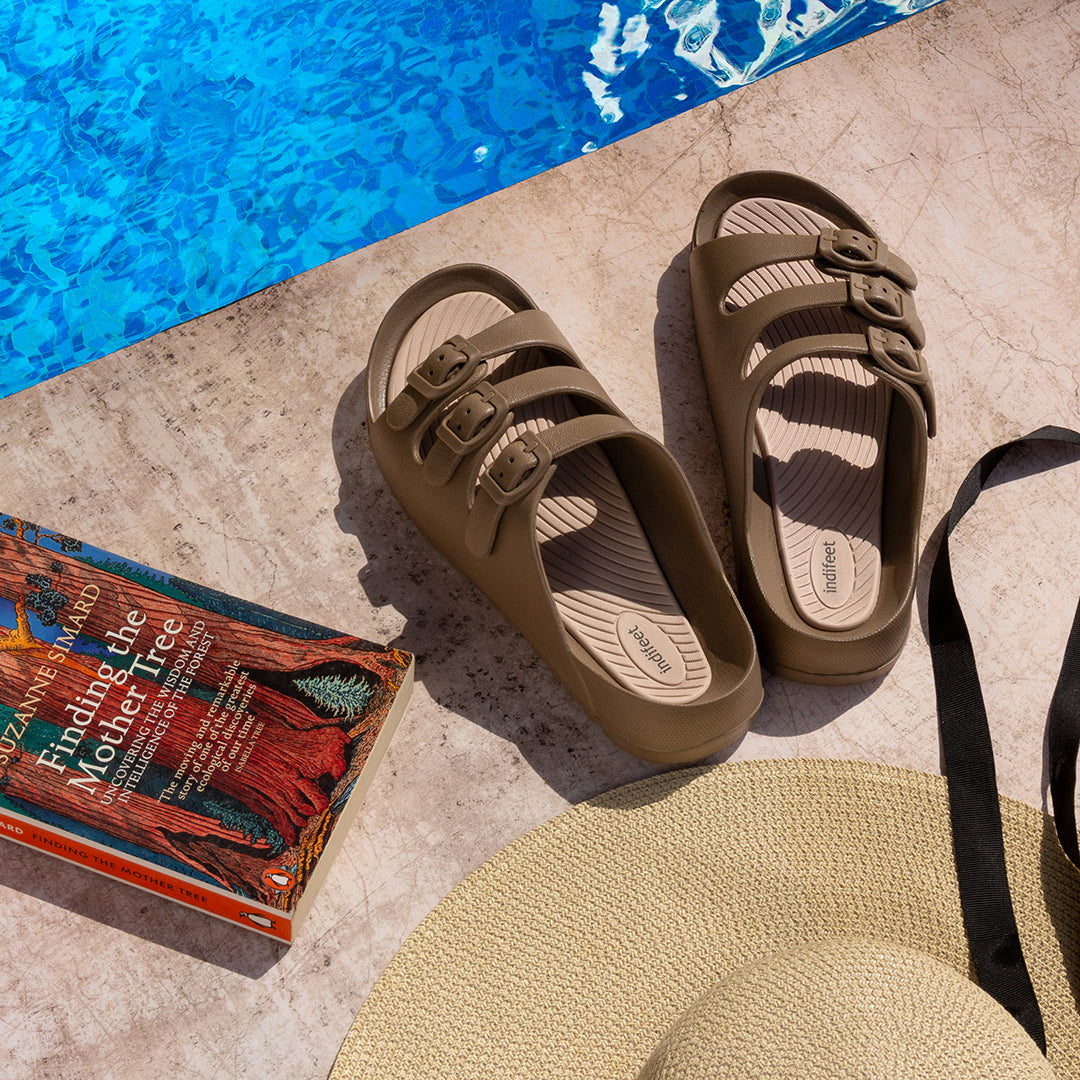 Brown Three Straps Comfortable Rubber Sandals - Indifeet