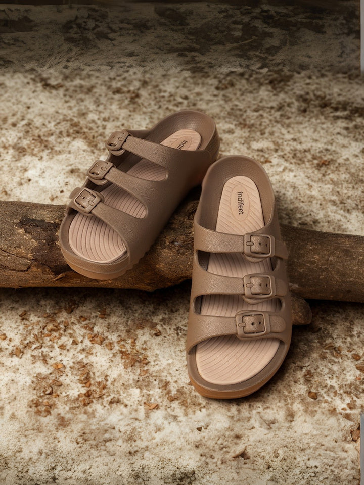 Brown Three Straps Comfortable Rubber Sandals - Indifeet