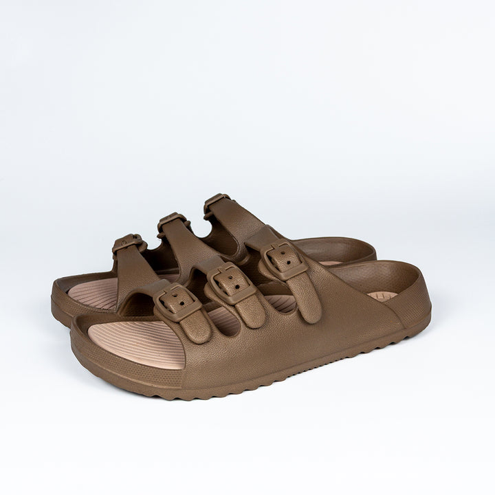 Brown Three Straps Comfortable Rubber Sandals - Indifeet