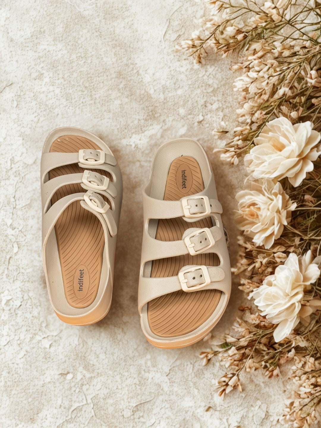 Beige Three Straps Comfortable Rubber Sandals