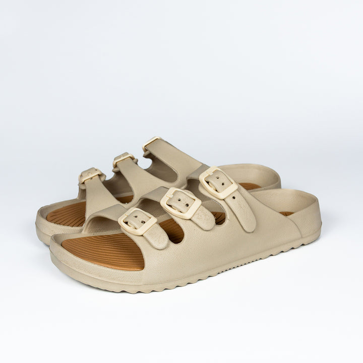 Beige Three Straps Comfortable Rubber Sandals