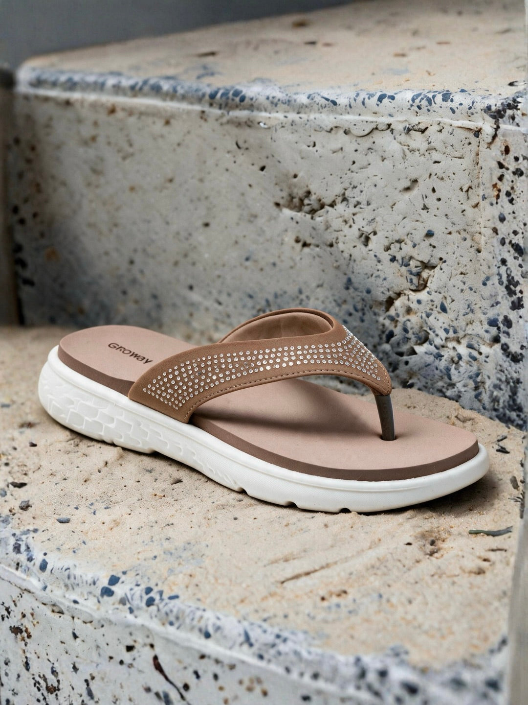 Beige Studded Comfort Slippers Indifeet x Groway