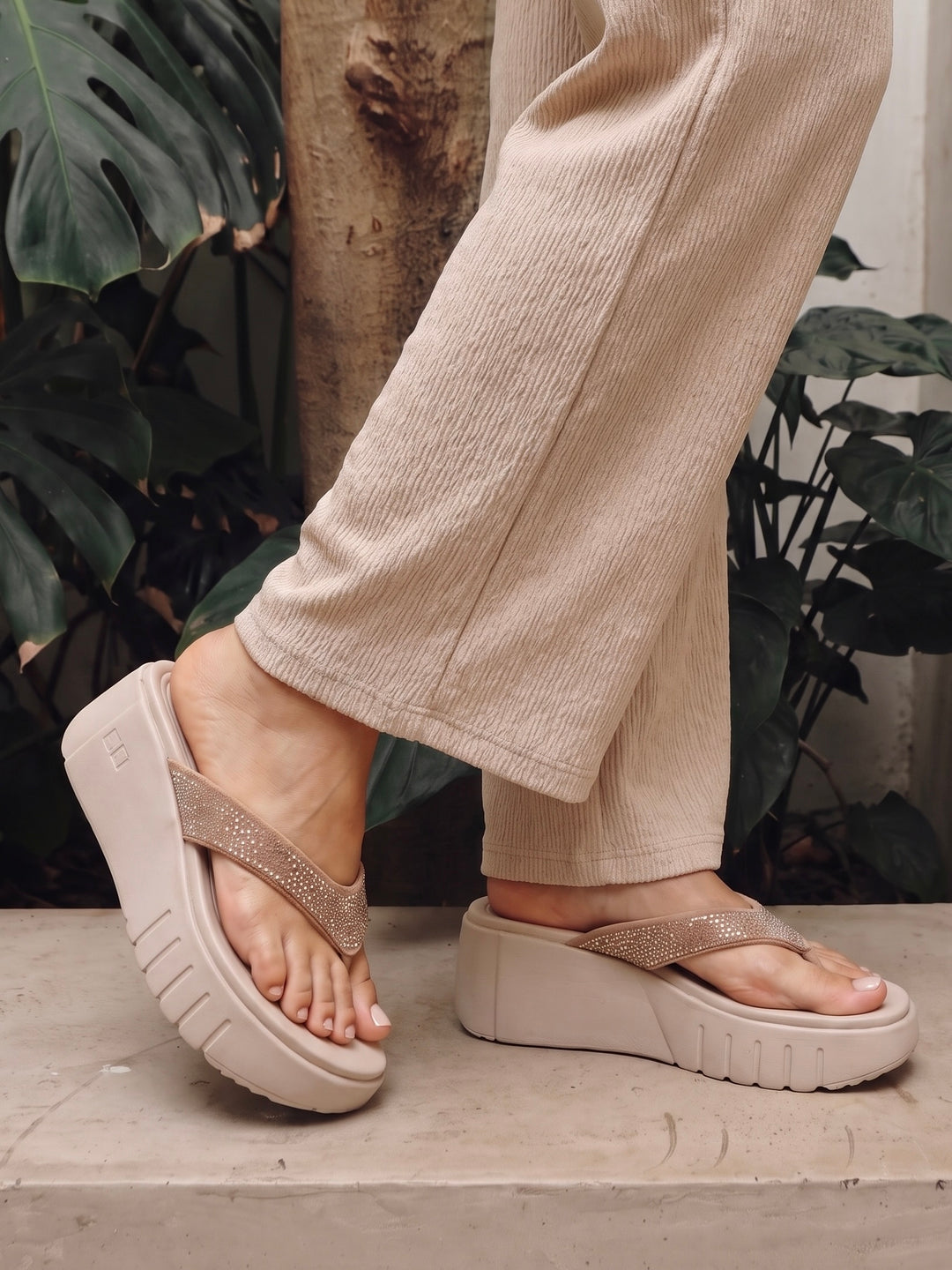 Cream Platform Wedge Flip Flop Sandals Indifeet x Groway