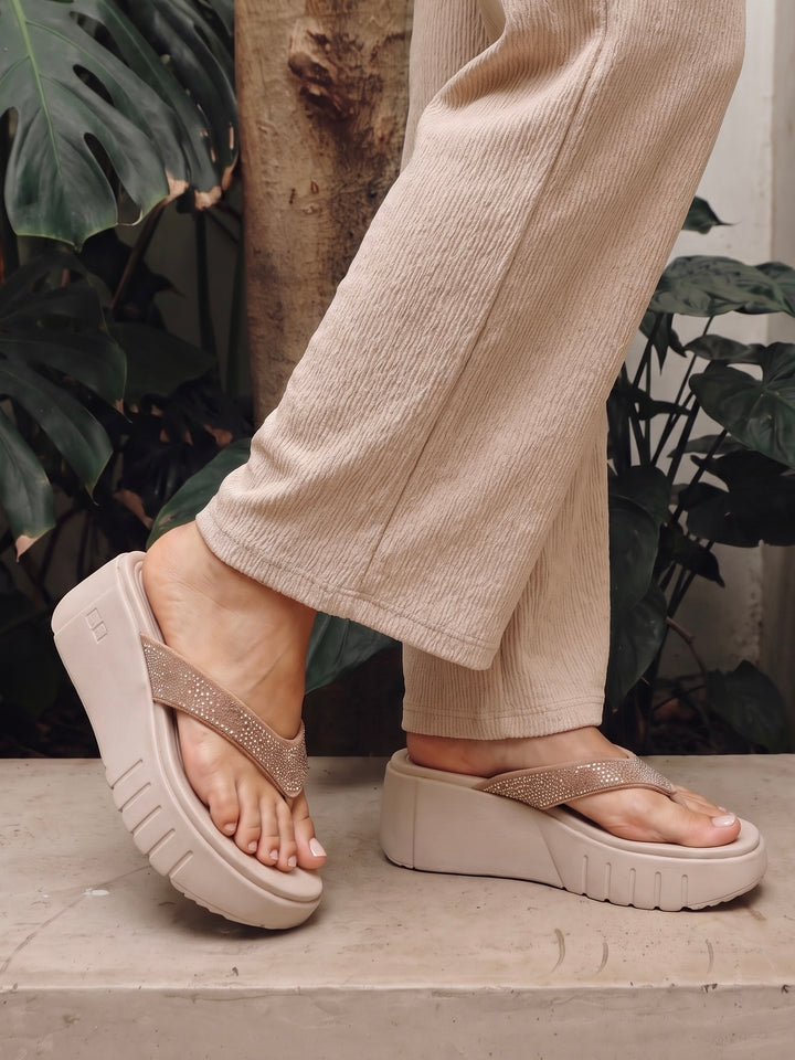 Cream Platform Wedge Flip Flop Sandals Indifeet x Groway